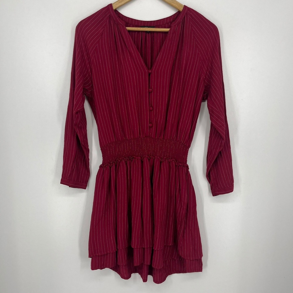Rails Womens Burgundy Metallic Striped Smocked Tiered Mini Dress XS Long Sleeve